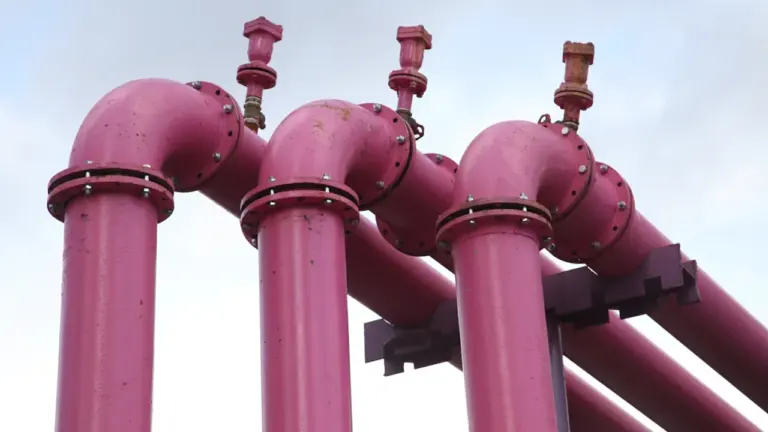 Nahaufnahme von pinken Industrie-Rohrleitungen für Gas oder Wasser in städtischer Umgebung.