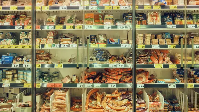 Ein Kühlregal in einem deutschen Supermarkt mit einer großen Auswahl an verschiedenen Lebensmitteln.