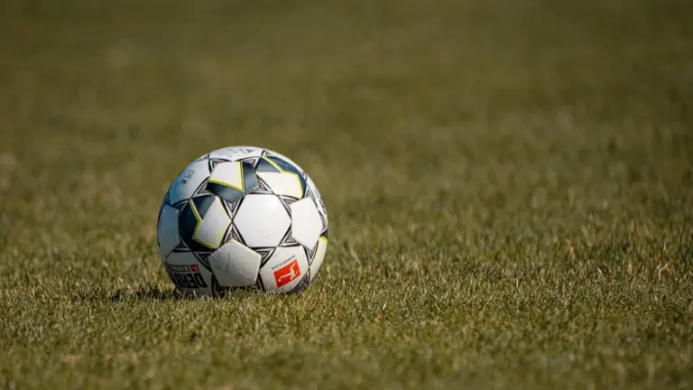 Ein offizieller Fußball liegt bereit auf dem grünen Rasen eines deutschen Stadions.
