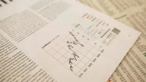 Nahaufnahme einer Finanzzeitung mit einem Börsenkurs-Diagramm auf der Titelseite.