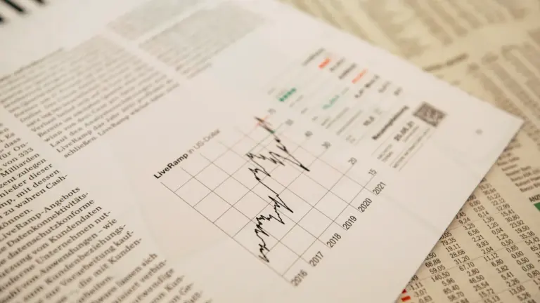 Nahaufnahme einer Finanzzeitung mit einem Börsenkurs-Diagramm auf der Titelseite.