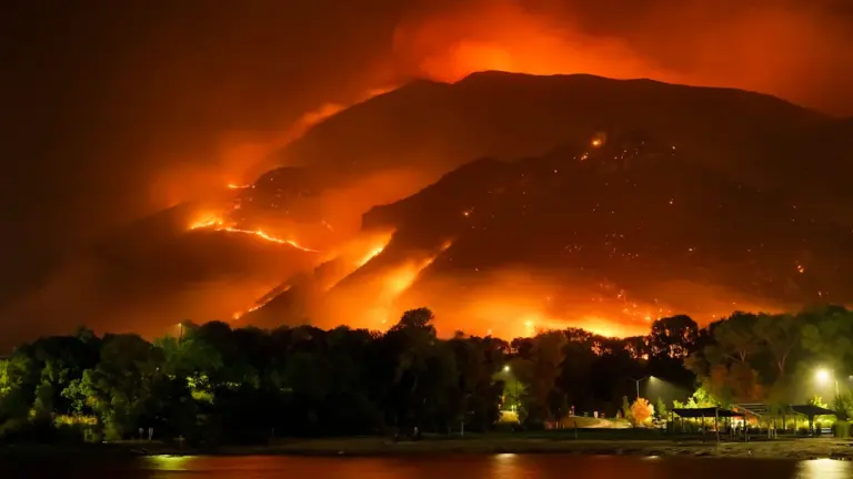 Ein großes Feuer brennt nachts in einem dunklen Waldgebiet am Berg.