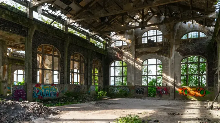 Verfallene Industriehalle auf dem Deurag-Nerag-Gelände mit durchbrechendem Sonnenlicht und üppiger Vegetation.