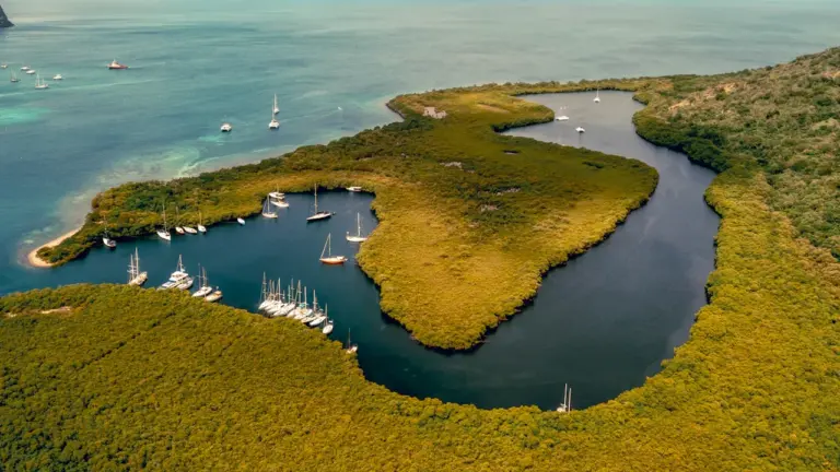 Luftaufnahme von Segelbooten in einer tropischen Bucht vor der Insel Grenada, Karibik.