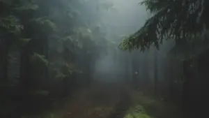 Ein nebliger, geheimnisvoller Pfad, der tief in einen dunklen Wald hineinführt.