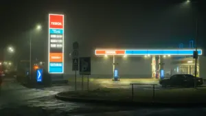 Eine beleuchtete Tankstelle bei Nacht im Nebel, gut sichtbar von der Straße aus.