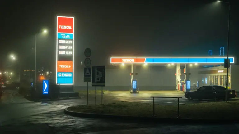 Eine beleuchtete Tankstelle bei Nacht im Nebel, gut sichtbar von der Straße aus.