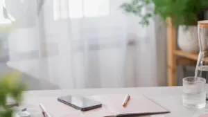 Ein heller Schreibtisch mit Notizbuch und Smartphone für die Wochenplanung im Home-Office.
