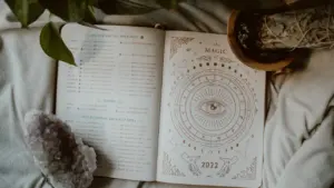 Ein offenes Buch mit astrologischen Symbolen neben einer Zimmerpflanze und einem Kristall.