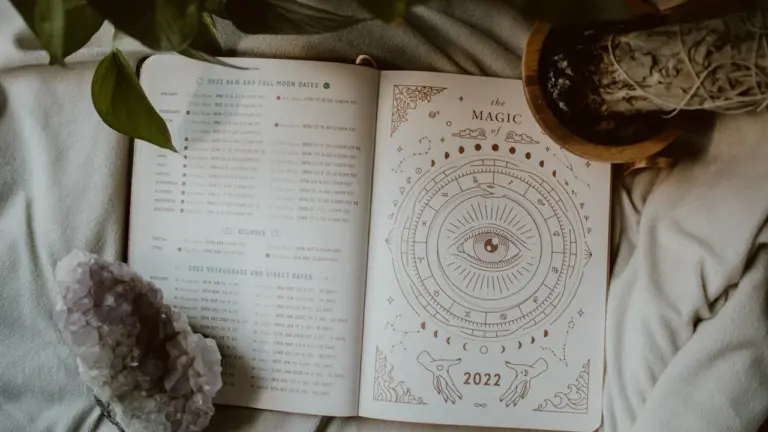 Ein offenes Buch mit astrologischen Symbolen neben einer Zimmerpflanze und einem Kristall.