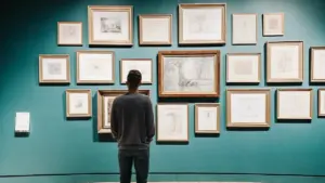 Ein Besucher betrachtet aufmerksam die Kunstwerke in einer eleganten Galerieausstellung mit grünen Wänden.