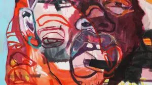 Ein abstraktes, expressionistisches Gemälde mit überlagerten, ausdrucksstarken Gesichtern in kräftigen Rot- und Violetttönen.