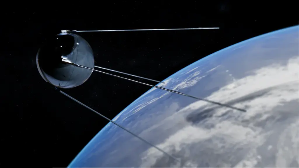 Der Satellit Sputnik 1 im Orbit vor der blauen Erdkugel im Weltraum.